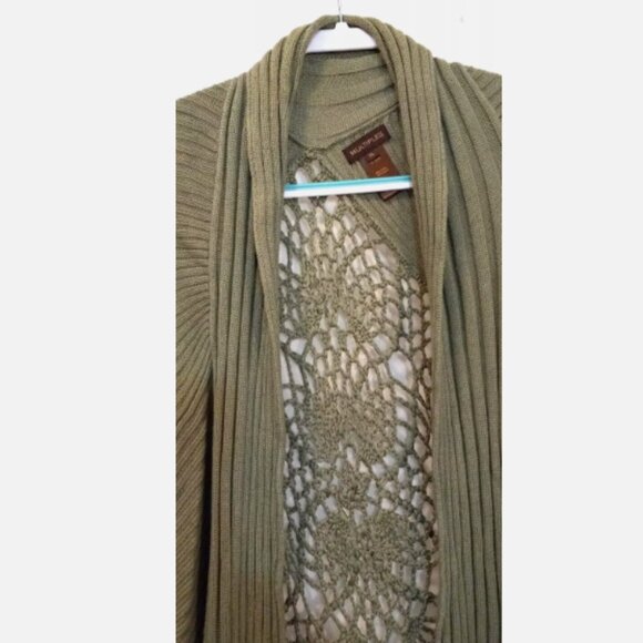 Multiples Women’s XL Olive Ribbed Midi Cardigan Crochet Back Shawl Collar EUC - Picture 6 of 13